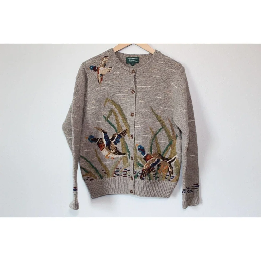 Lauren Ralph Lauren Lambswool Cardigan Hand Knit Mallard Duck Hunting M H13900 - Picture 2 of 11